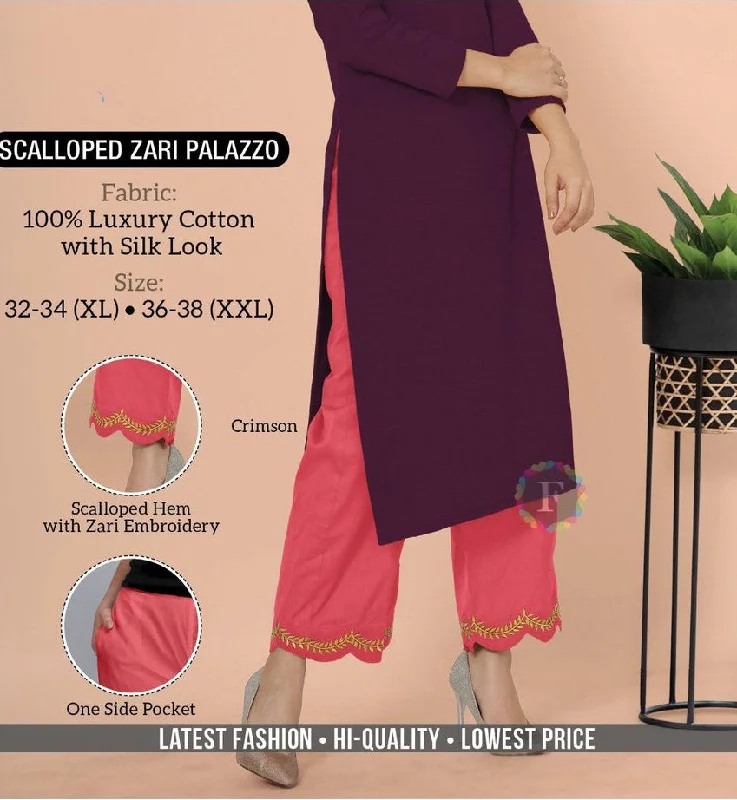 Crimson Cotton Palazzo Pants with Zari Embroidery