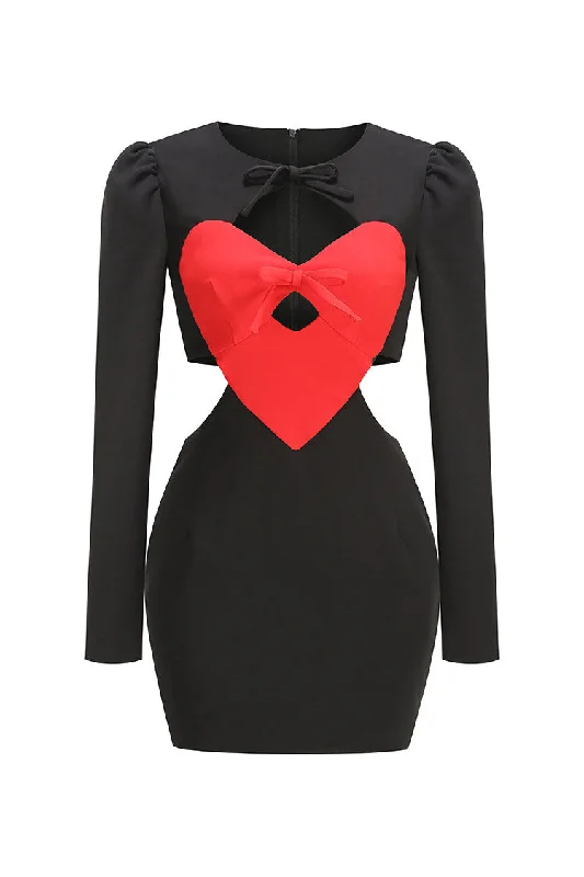 Cute Contrast Heart Cutout Bow Tie Crew Neck Long Sleeve Party Mini Dress