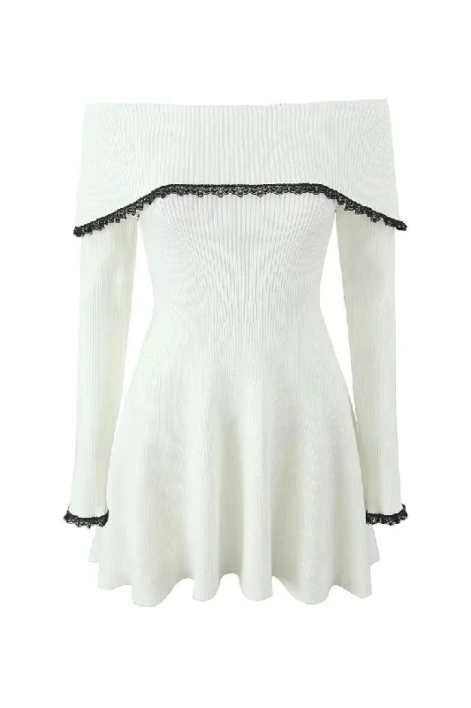 Elegant Contrast Lace Foldover Off Shoulder Ribbed Knit Sweater Mini Dress