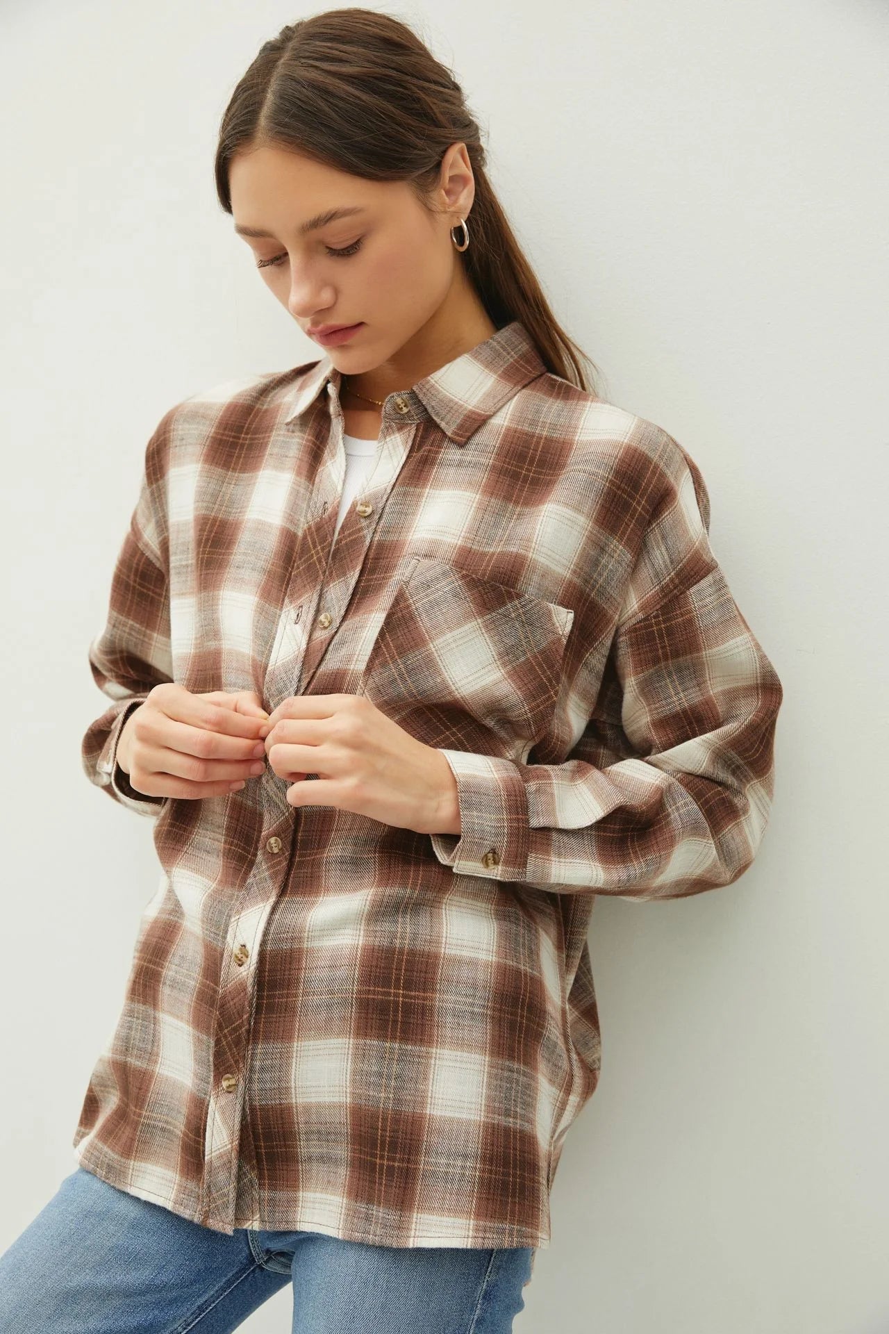 Juliette Oversize Flannel Long Sleeve Top Light Brown