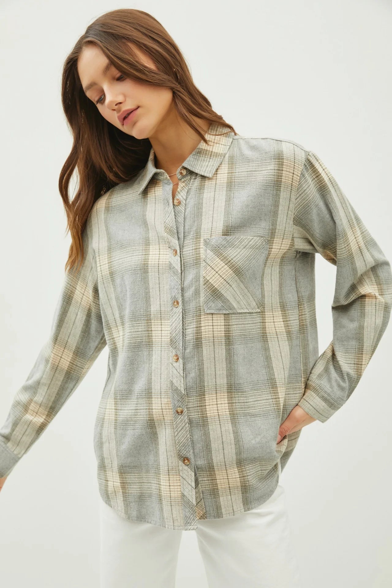 Juliette Oversize Flannel Long Sleeve Top Sage