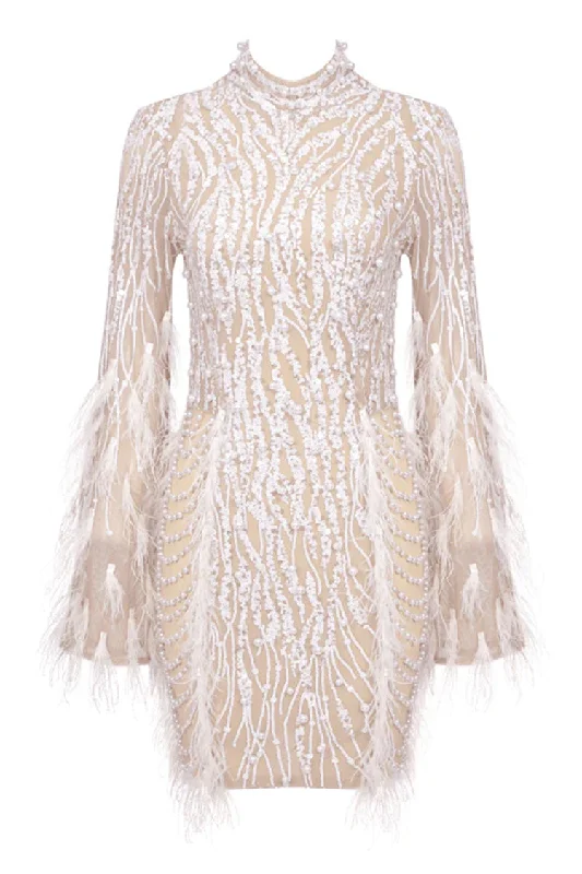 Lavish Feather Beaded Mock Neck Sheer Mesh Sequin Party Mini Dress