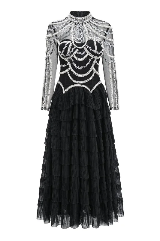 Luxury Crystal Pearl Beaded Drop Waist Tiered Tulle Maxi Evening Dress