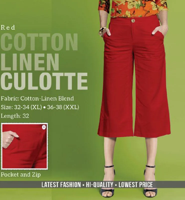 Red Linen Cotton Culottes Pants for women