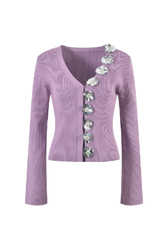 Sparkly Rosette V Neck Long Sleeve Cinched Waist Ribbed Knit Cardigan