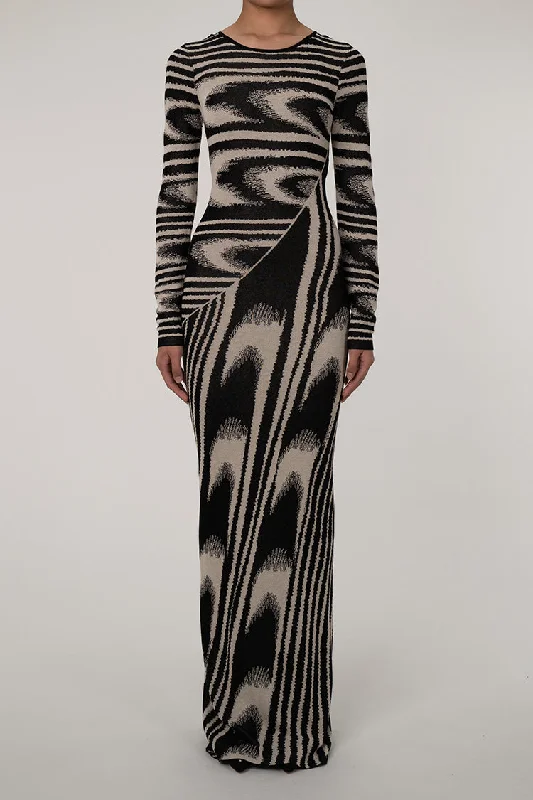 Vintage Geometric Print Crew Neck Long Sleeve Sheath Sweater Maxi Dress