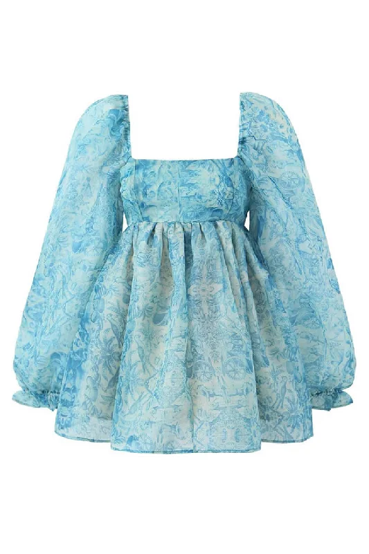 Vintage Printed Ruffled Puff Sleeve Summer Organza Mini Babydoll Dress