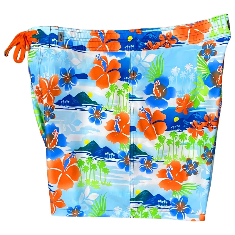 NEW "2 Tickets to Paradise" Men's Board Shorts w/ Back Pocket.  17.5" Outseam / 5" Inseam (Orange)