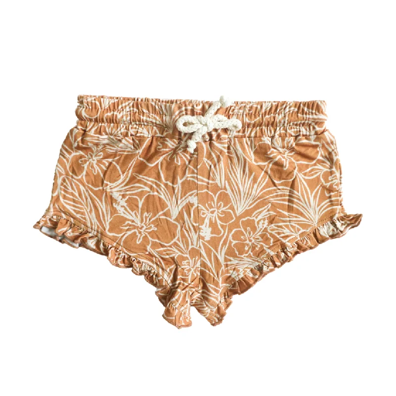 Brown Tropical Little Surfer Girl Ruffle Shorts