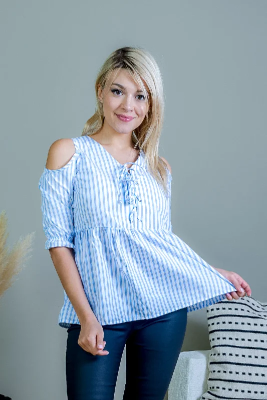 Candy Striped 3/4 Sleeve Cold Shoulder Top with V Neck Tie Up Front and Ruffle Cuffs (SW183334)