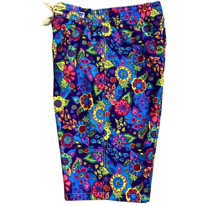 "Carnival" Womens Elastic Waist Swim Board Shorts.  HIGH Rise + 11" Inseam (Purple)