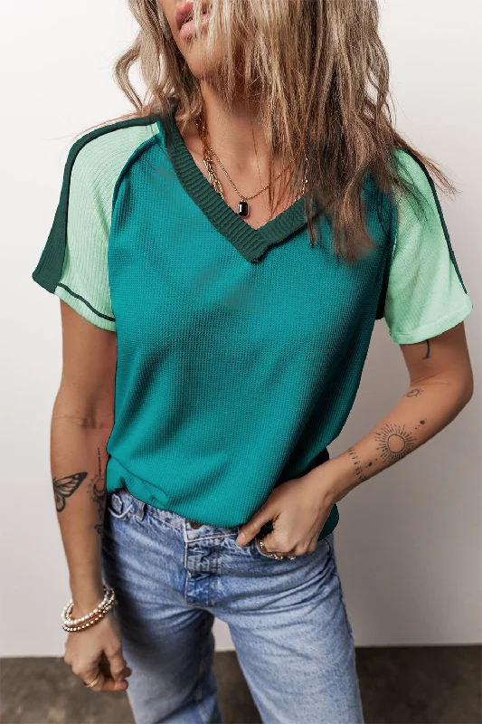 Color Block V-Neck Short Sleeve T-Shirt