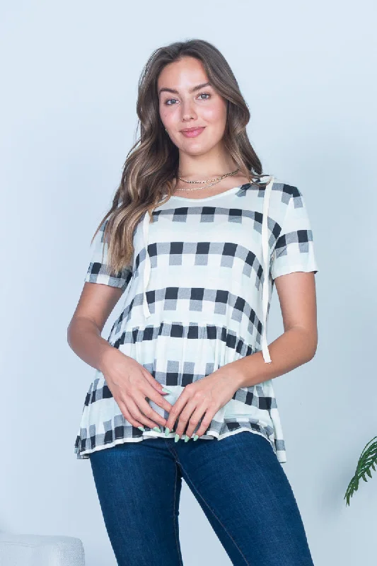 Buffalo Plaid Short Sleeve Peplum Top w/Hoodie with Drawstrings (HT9229)