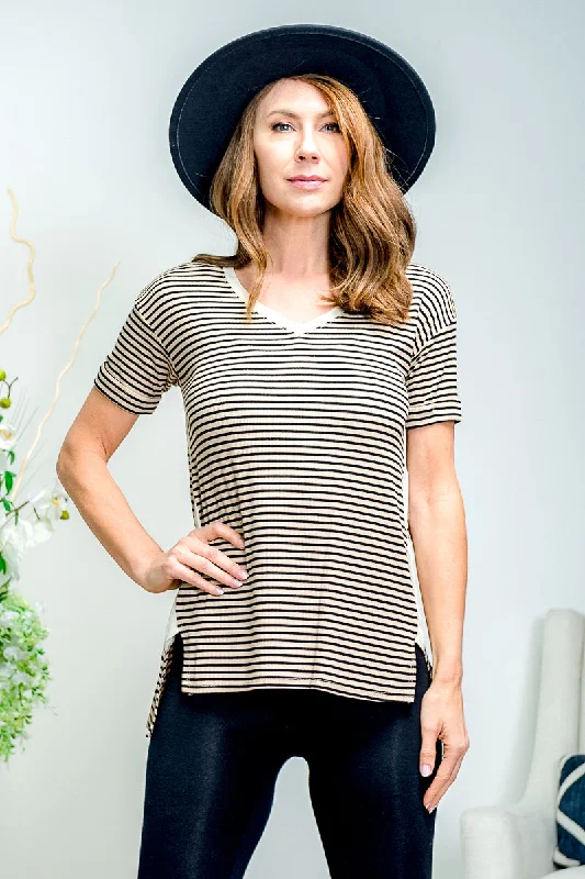 Striped Short Sleeve Rib Knit V Neck Top with Contrast Side Vents in Beige & Black (D71377)