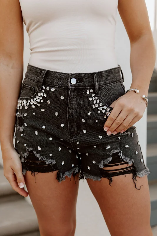 RHINESTONE FRAYED SHORTS IN BLACK