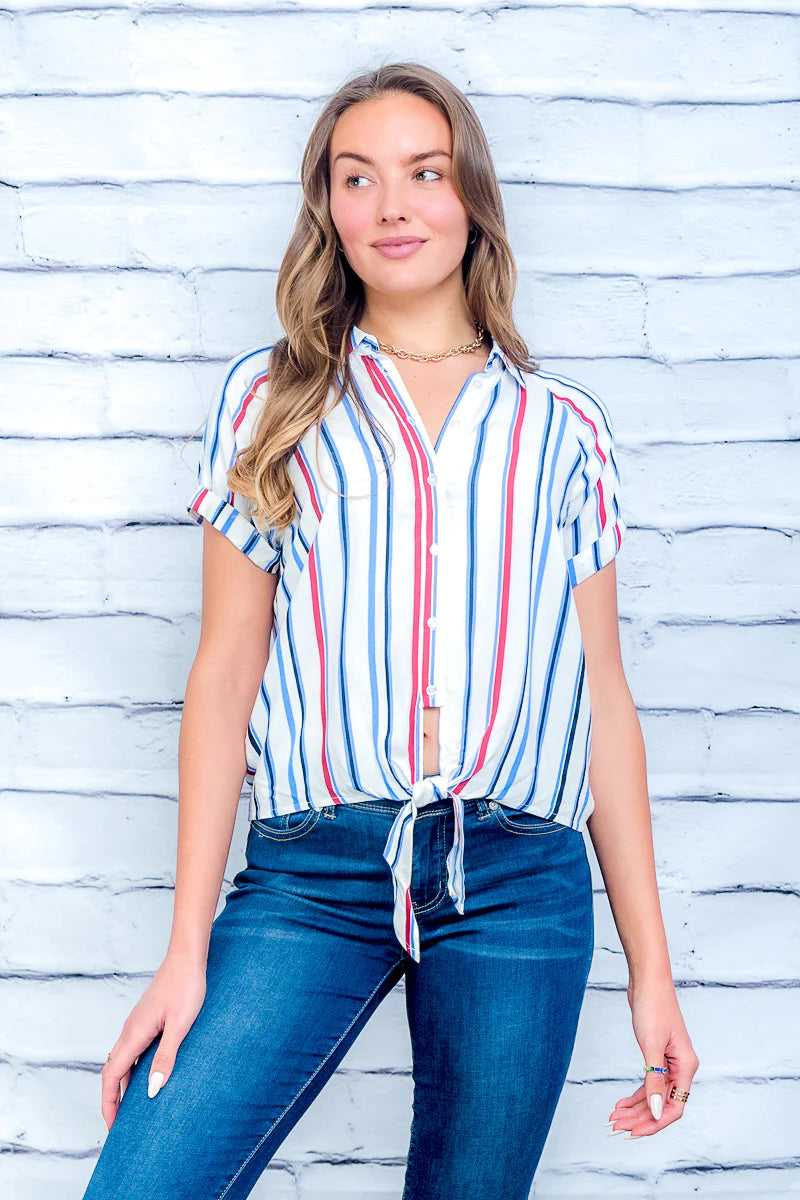 Multi Color Striped Button Down Top with Tied Waist and Short Sleeves with Rolled Cuffs in White* (HTN1653)