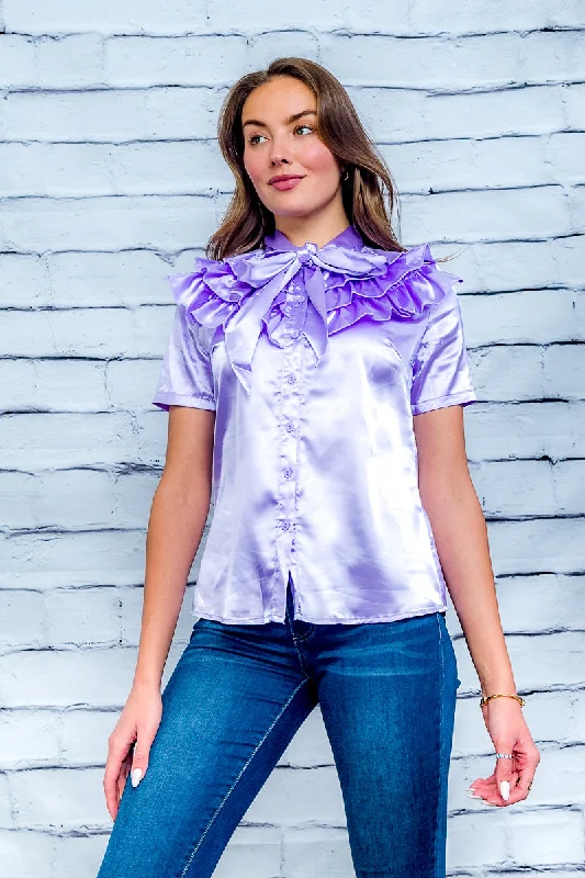 'Pretty in Pink' Satin Short Sleeve High Neck Top with Tiered Ruffle Yoke and Pussycat Bow Tie* (AB2512)