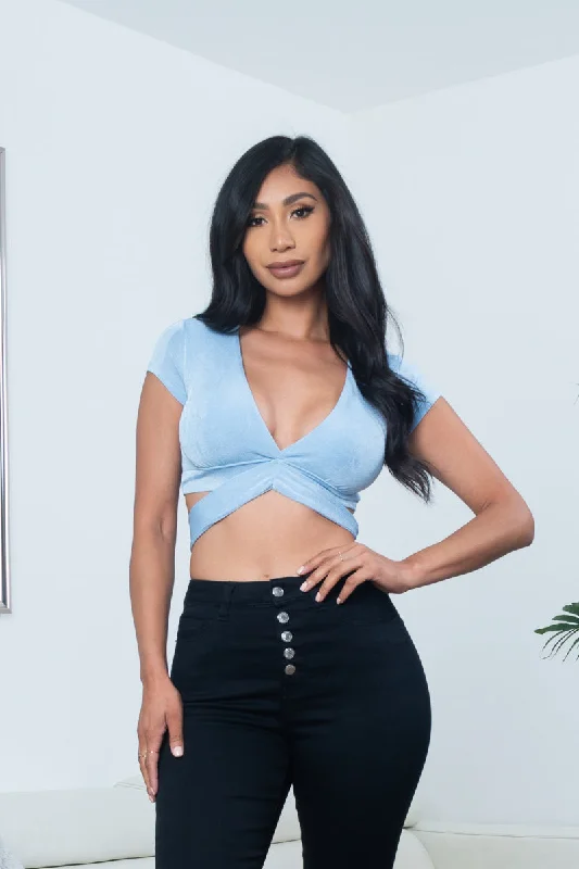 Shimmering Satin Cap Sleeve Plunge V Neck Crop Top with Tie Back in Cloud Blue (10114TM)