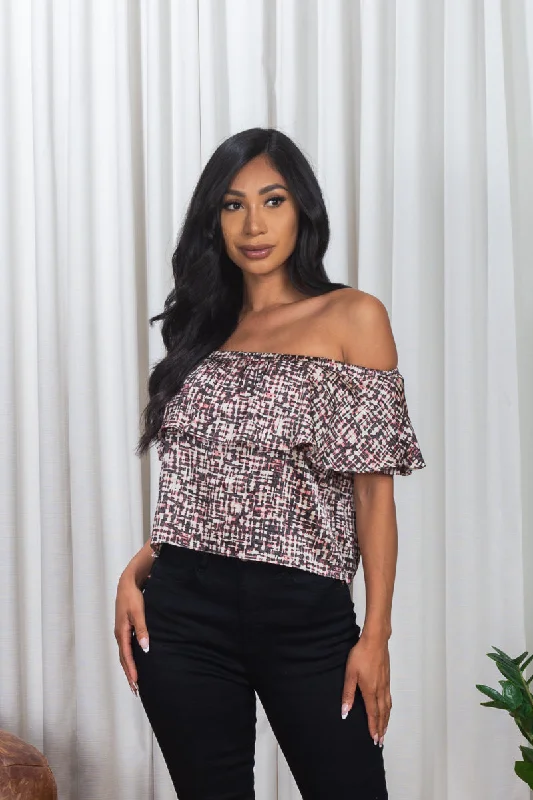 'Art Nouveau' Multi Color Satin Off Shoulder Crop Top with Ruffle Overlay* (161417)