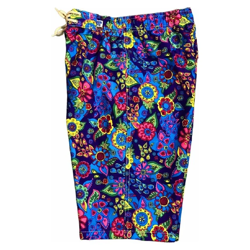 "Carnival" (Purple) Elastic Waist Board Shorts. Regular Rise or High Waist.  Women's CUSTOM