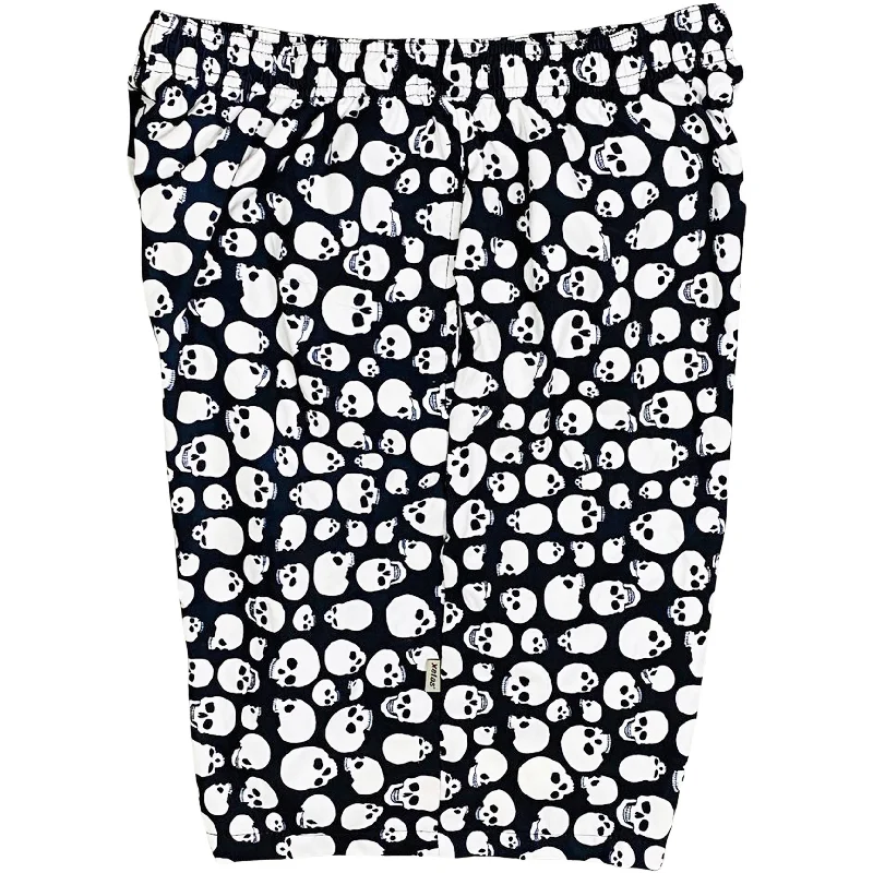 Elastic Waist Swim Trunks with Mesh Liner "Live to Ride" (Black+White) Skulls CUSTOM