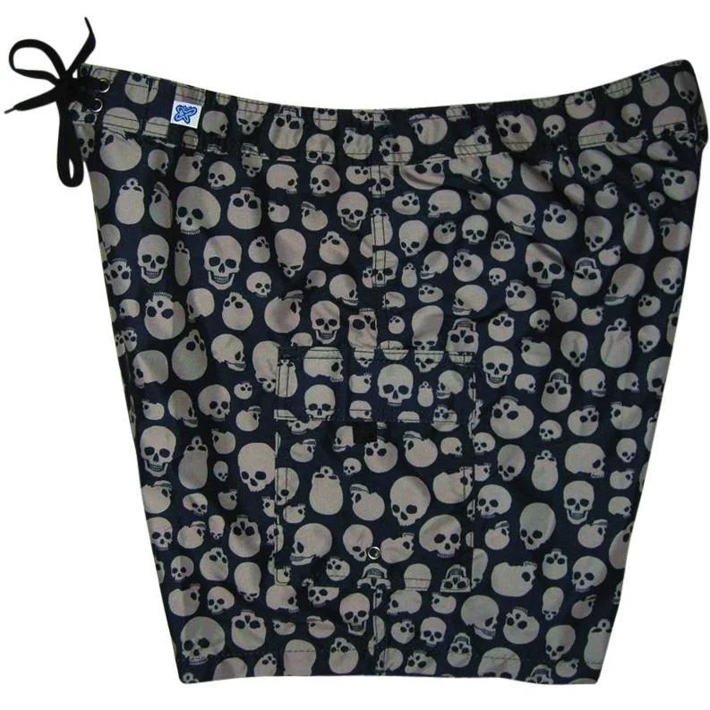 Fixed (Non Elastic) Waist Womens Board Shorts "Live to Ride" Skulls (Black+Charcoal) * CUSTOM *