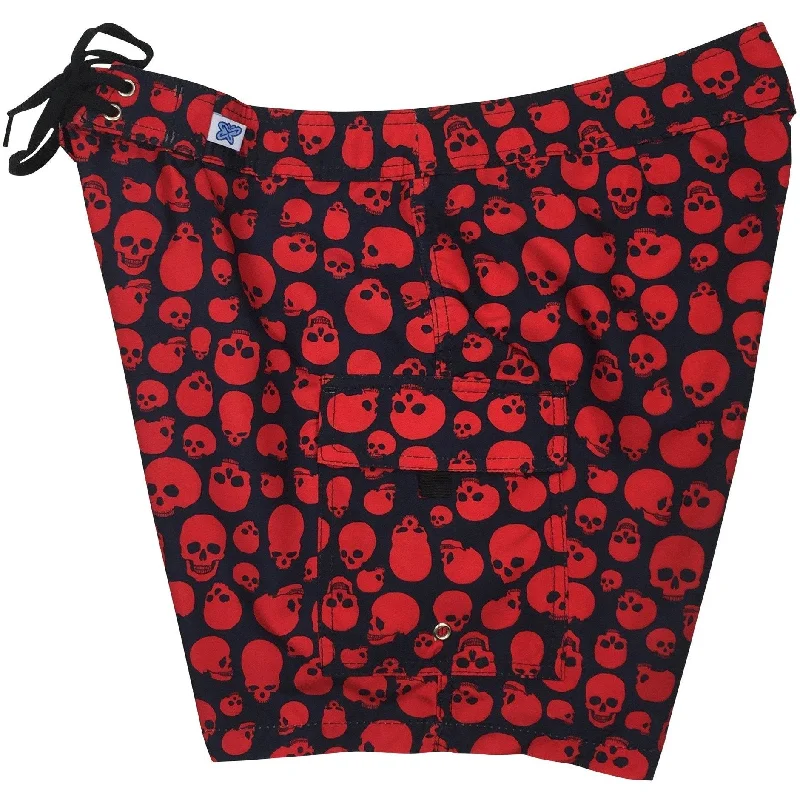 Fixed (Non Elastic) Waist Womens Board Shorts "Live to Ride" Skulls (Black+Red) * CUSTOM *