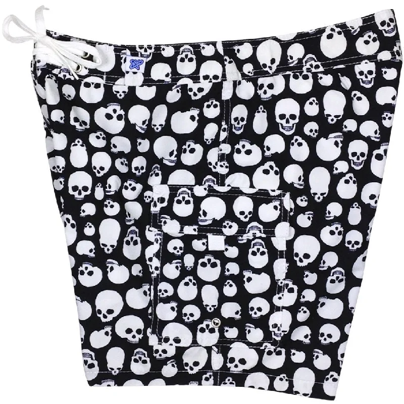 Fixed (Non Elastic) Waist Womens Board Shorts "Live to Ride" Skulls (Black+White) * CUSTOM *