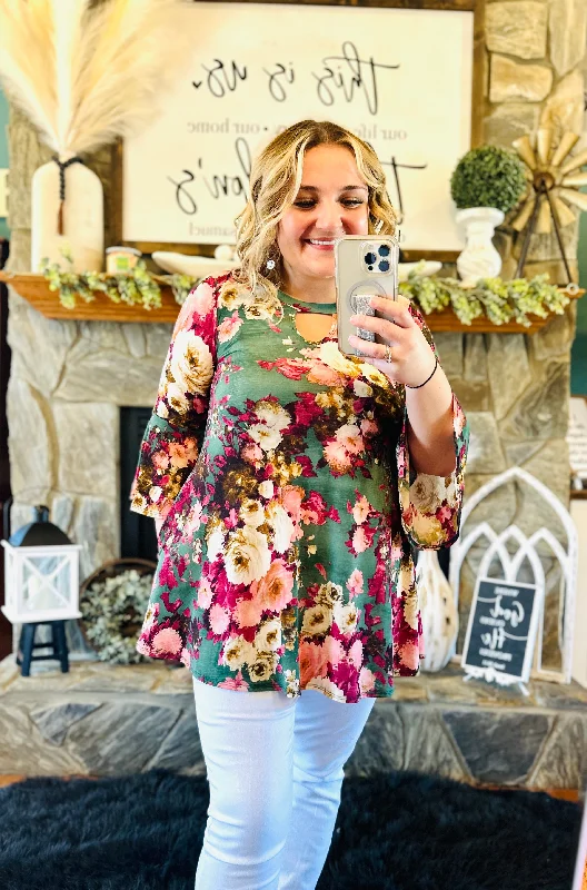 Green Floral Quarter Belle Sleeve Top