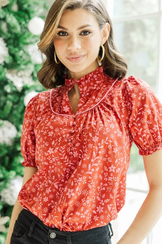 Keep It Up Red Ditsy Floral Ruffled Blouse