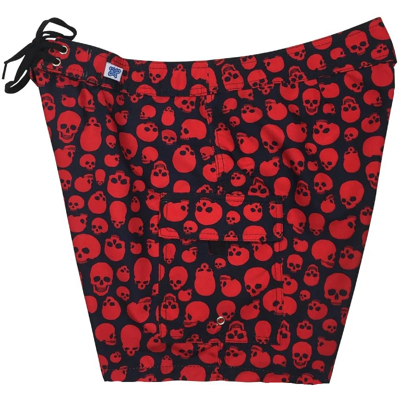 "Live to Ride" Skulls Print Womens Board Shorts - Regular Rise / 7" Inseam (Black+Red)