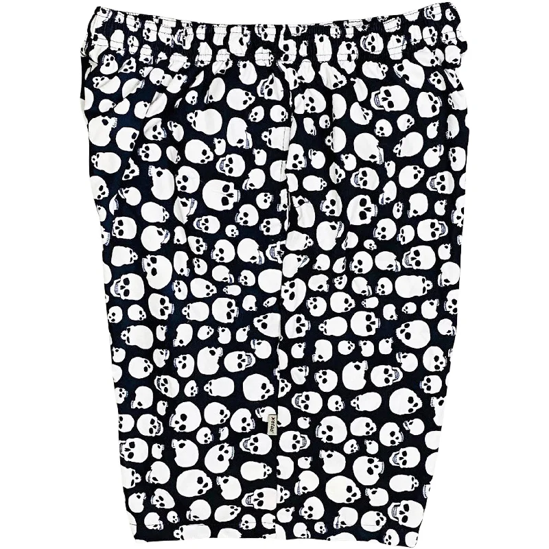 "Live to Ride" Skulls Mens (6.5" Inseam / 19" Outseam) Swim Trunks (Black+White)