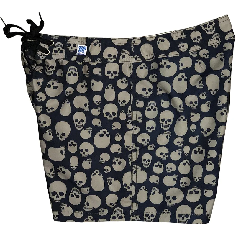 "Live to Ride" Skulls Print Board Shorts - Regular Rise / 5" Inseam (Black+Charcoal)