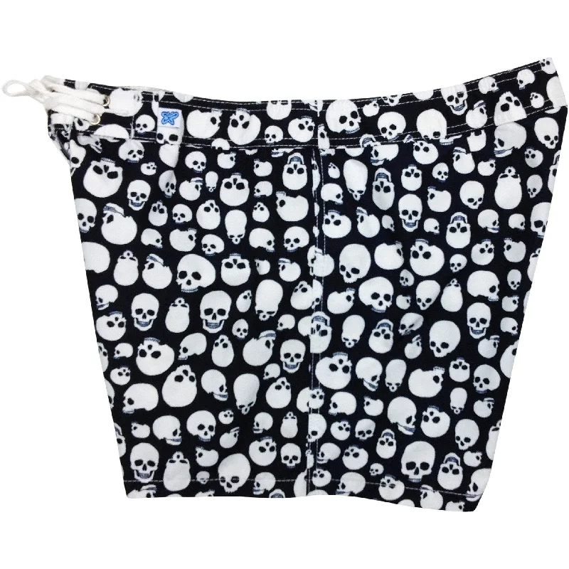 "Live to Ride" Skulls Print Womens Board (Swim) Shorts - 5" Inseam (Black+White)