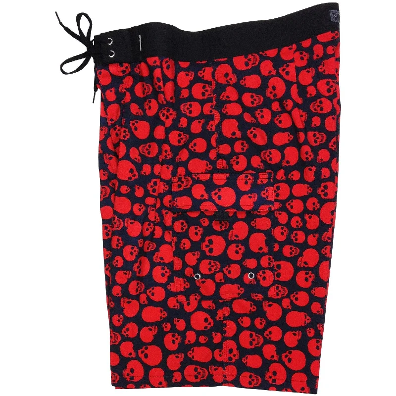 "Live to Ride" Skulls Print Mens Board Shorts - 22" Outseam / 9.5" Inseam (Black+Red)