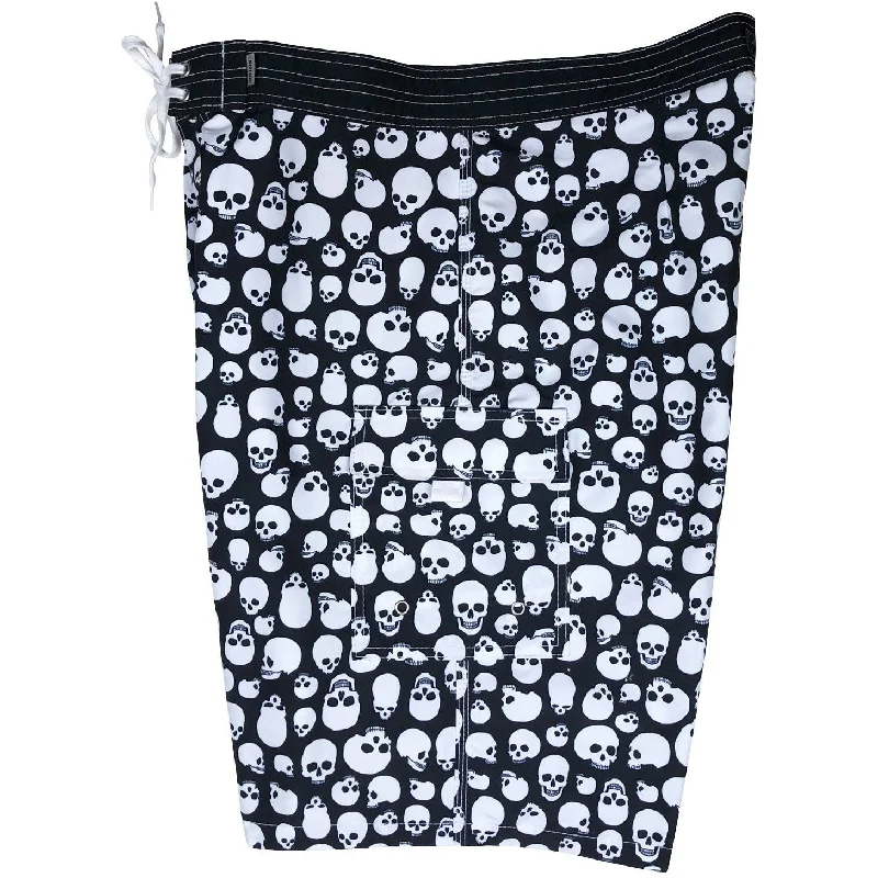 "Live to Ride" Skulls Print Mens Board Shorts - 22" Outseam / 9.5" Inseam (Black+White)