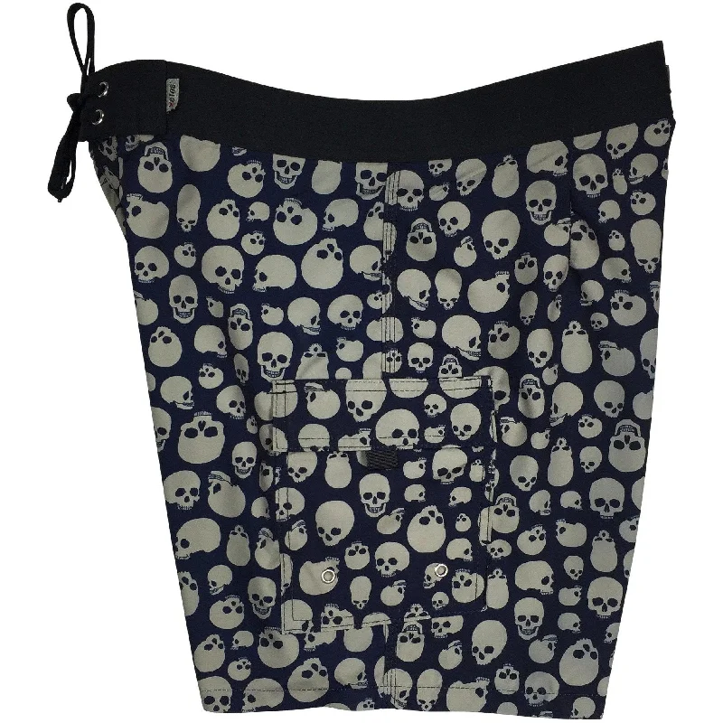 "Live to Ride" Skulls Print Mens Board Shorts w/ Dual Cargo Pockets.  17.5" Outseam / 5" Inseam (Black+Charcoal)