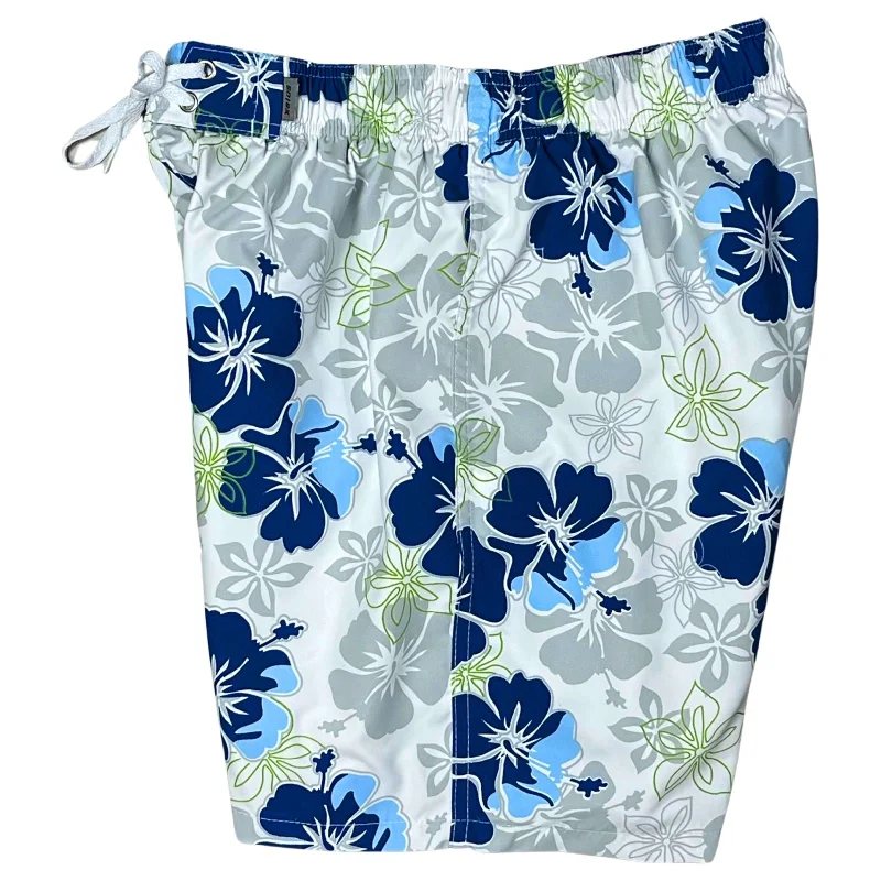 "Escape Artist" (White) Mens Elastic Waist Board Shorts - 19.5" Outseam / 7" Inseam (Blue)