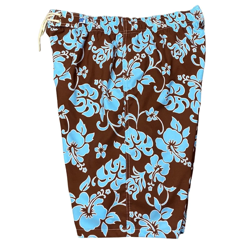 "Pure Hibiscus" Womens Elastic Waist Swim Board Shorts. REGULAR Rise + 11" Inseam (Brown+Blue)