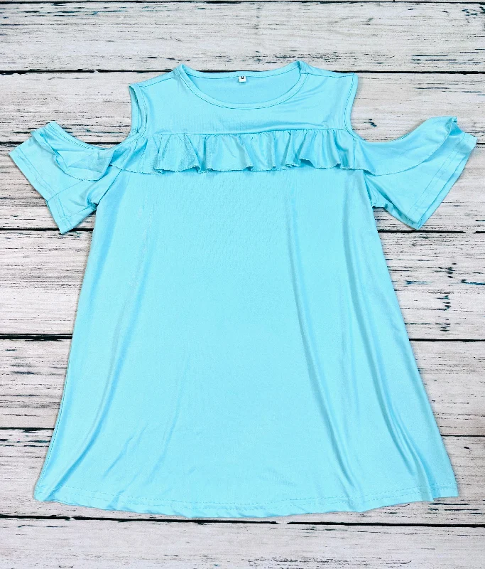 Teal Flowy Open Shoulder Ruffle Top