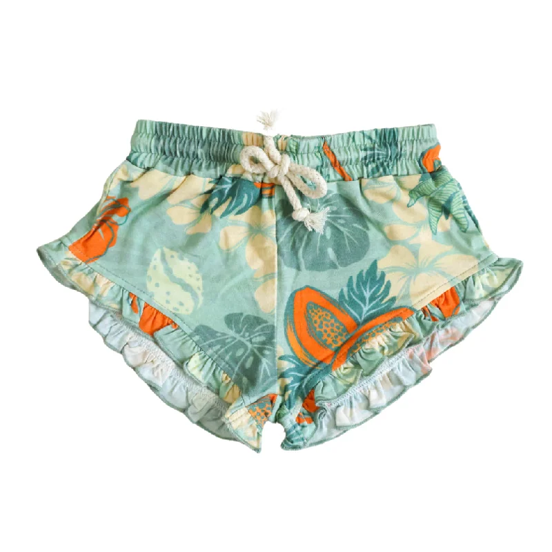 Tropical Getaway Green Little Surfer Girl Ruffle Shorts