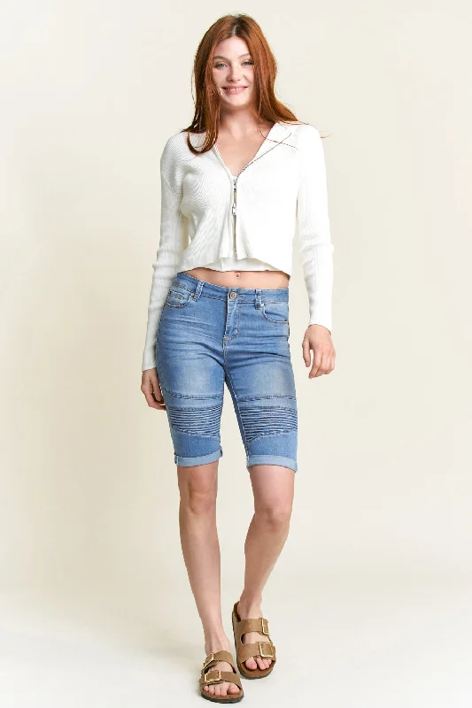 Mid Rise 5 Pocket Bermuda Denim Shorts