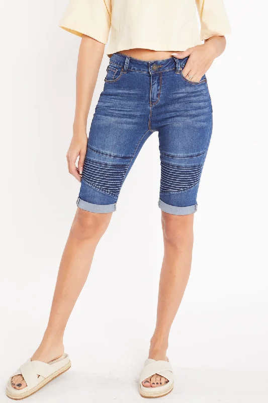 Mid Rise 5 Pocket Bermuda Denim Shorts