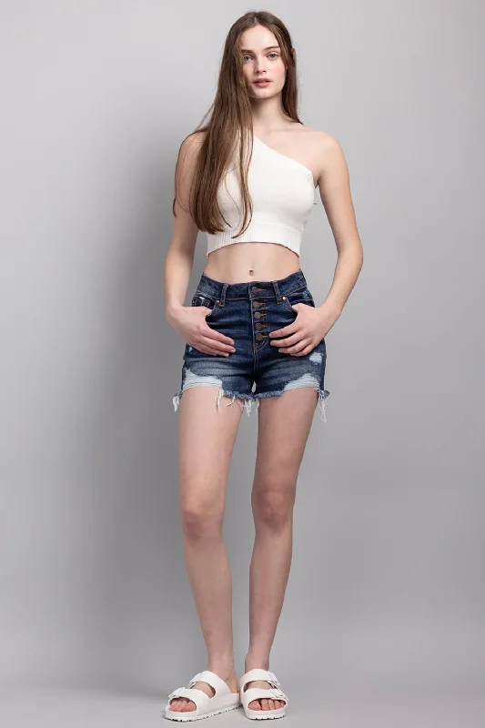 High Rise 5 Button Destructed Denim Shorts