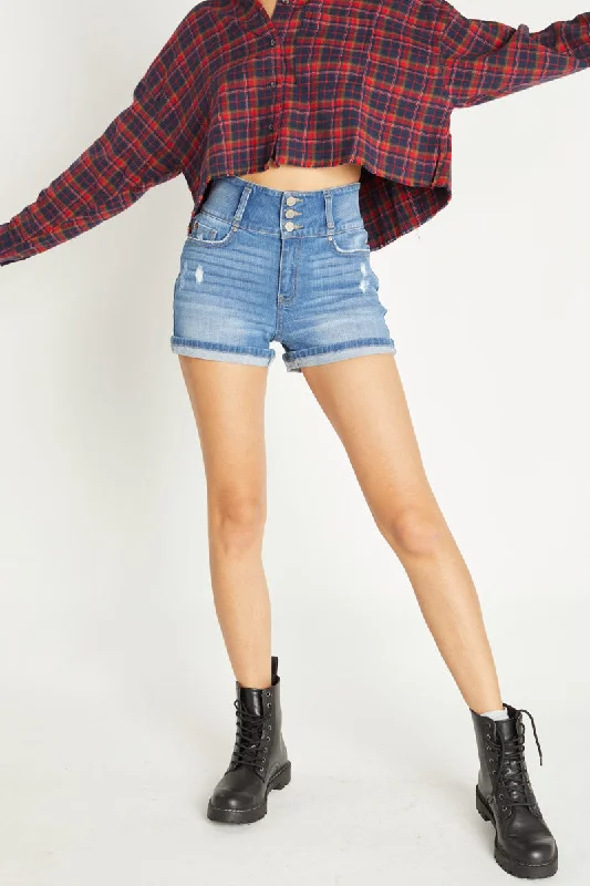 High-Rise 3 Button Destressed Denim Shorts